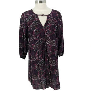 American Eagle Shift Peasant Dress Purple Paisley Keyhole Neck 3/4 Sleeve Boho